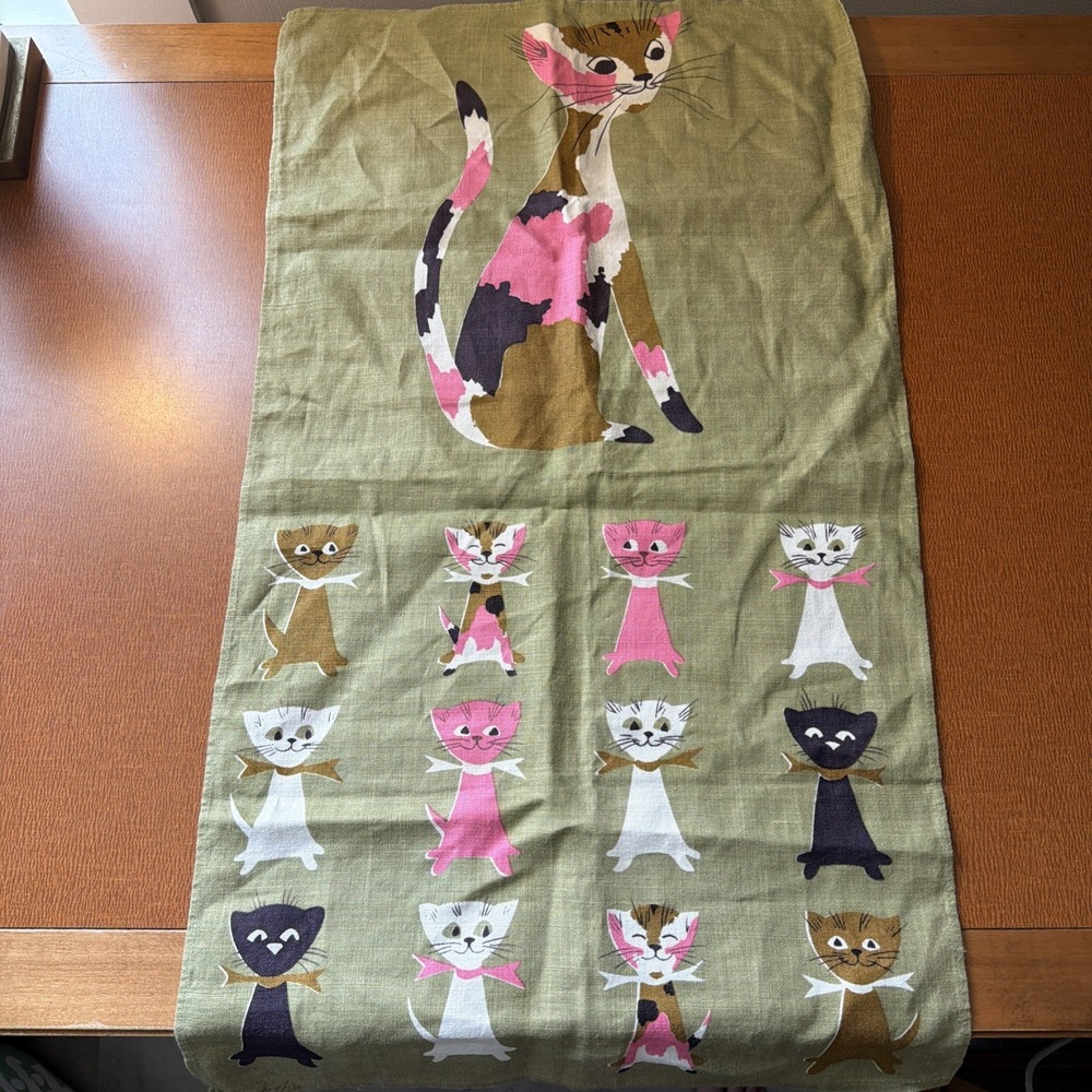 Tammis Keefe Vintage Feline Genetics Linen Tea Towel Olive Pink Domestic MCM